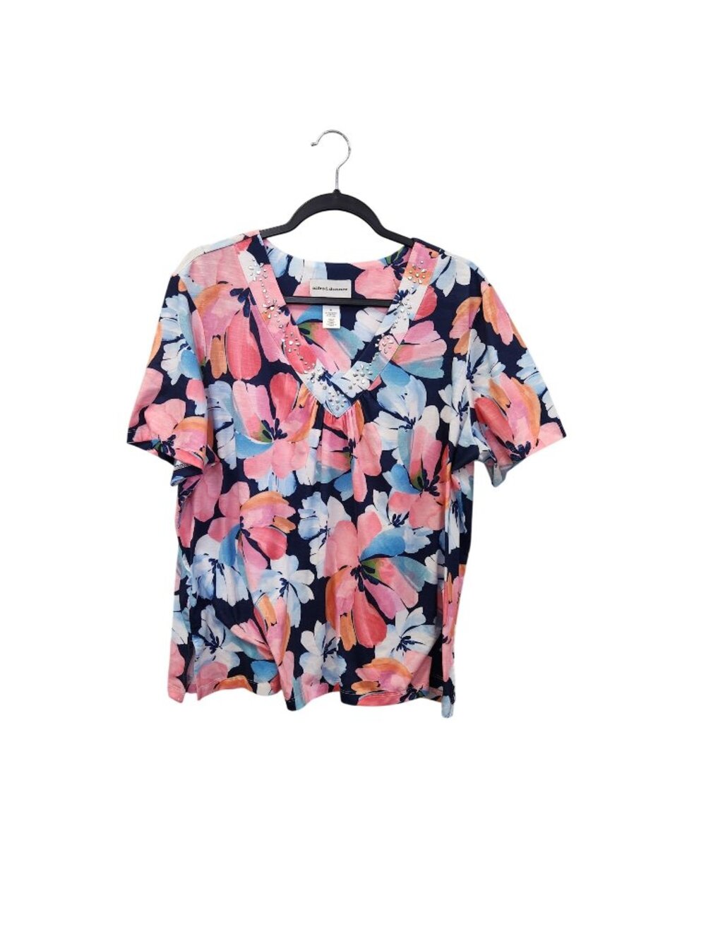 Alfred Dunner Womens Floral Print Top With Rhinestone Accents V-Neck 3705